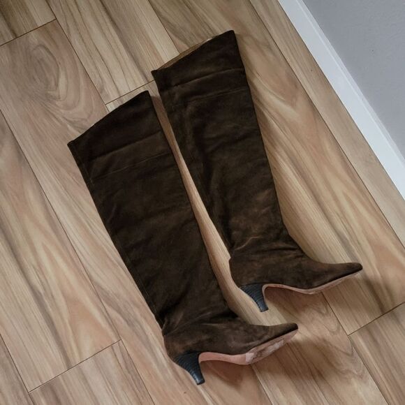 Cynthia Vincent Metallic Suede Leather Over the Knee Boots in Brown & Gold - Picture 7 of 15